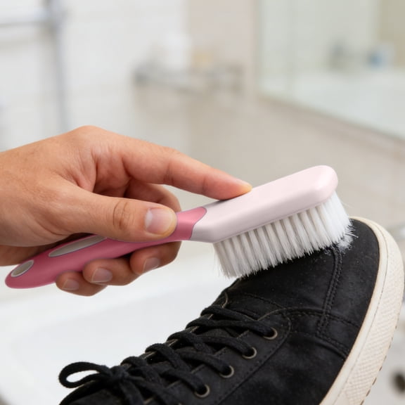 Kumdkd Long Handle Laundry & Shoe Brush, Ultra-Soft Bristle Cleaning Brush for Clothes, Sneakers, Stains, Bathtub, Tile - Multi-Purpose Scrub Brush with Comfortable Grip, Pink, 7.7in