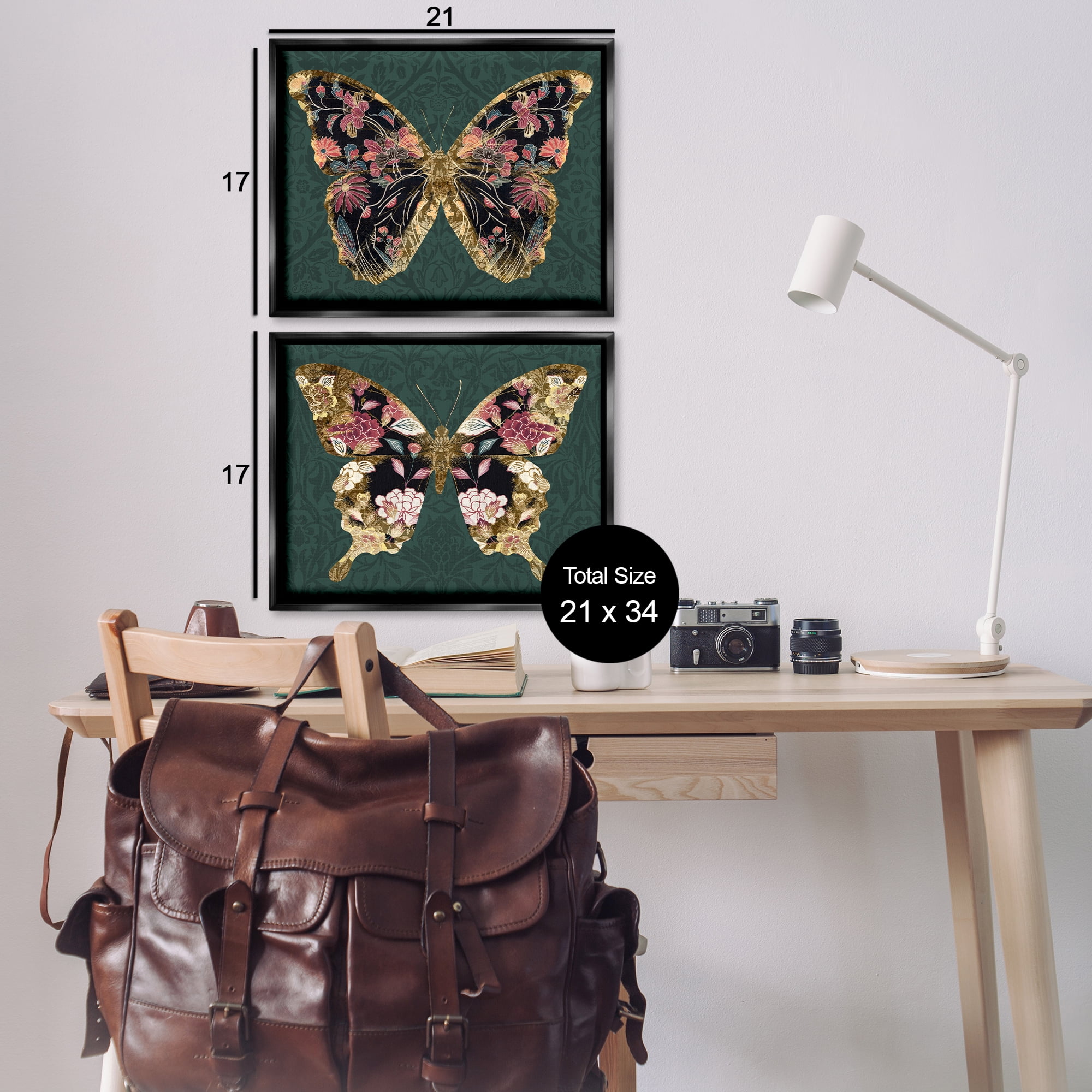Stupell Industries Gold Black Floral Butterfly Animals Painting Black Floater Framed Canvas Art Print Wall Art, 21 x 17, Set of 2
