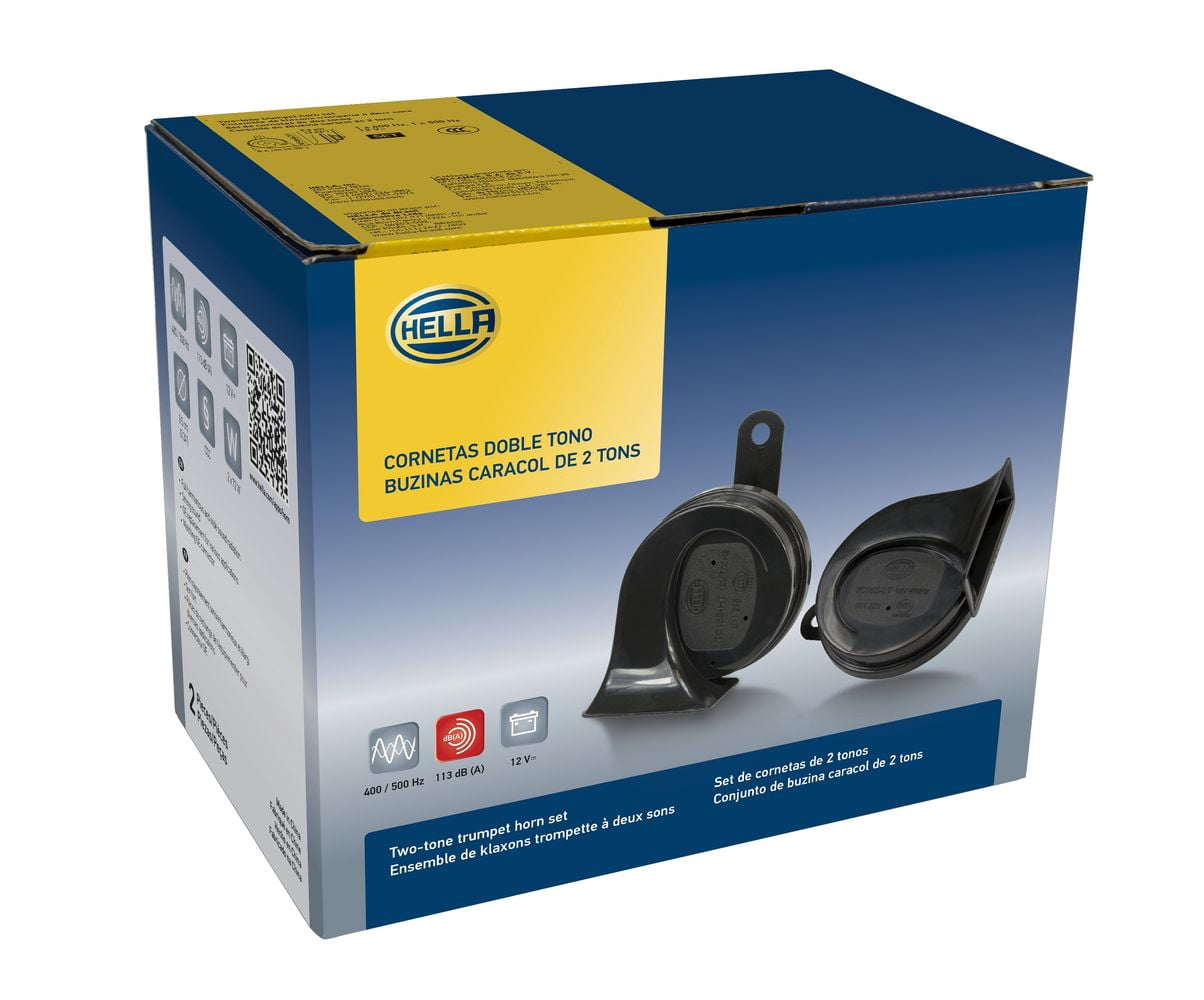 HELLA 011225901 Trumpet Horn TE26 Set  12V, 110dB(A), 400/500Hz Low & High Tone, 2-Pack