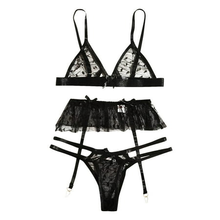

DNDKILG Babydoll Lingerie Set for Women Teddy Lace Lingerie Sexy Bra and Panty Sets with Garter Black S