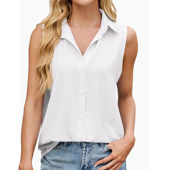 Venzia Women's Sleeveless Button Down Collared Blouse Loose Fit Casual Solid Color V-Neck Tank Top For Summer,XL