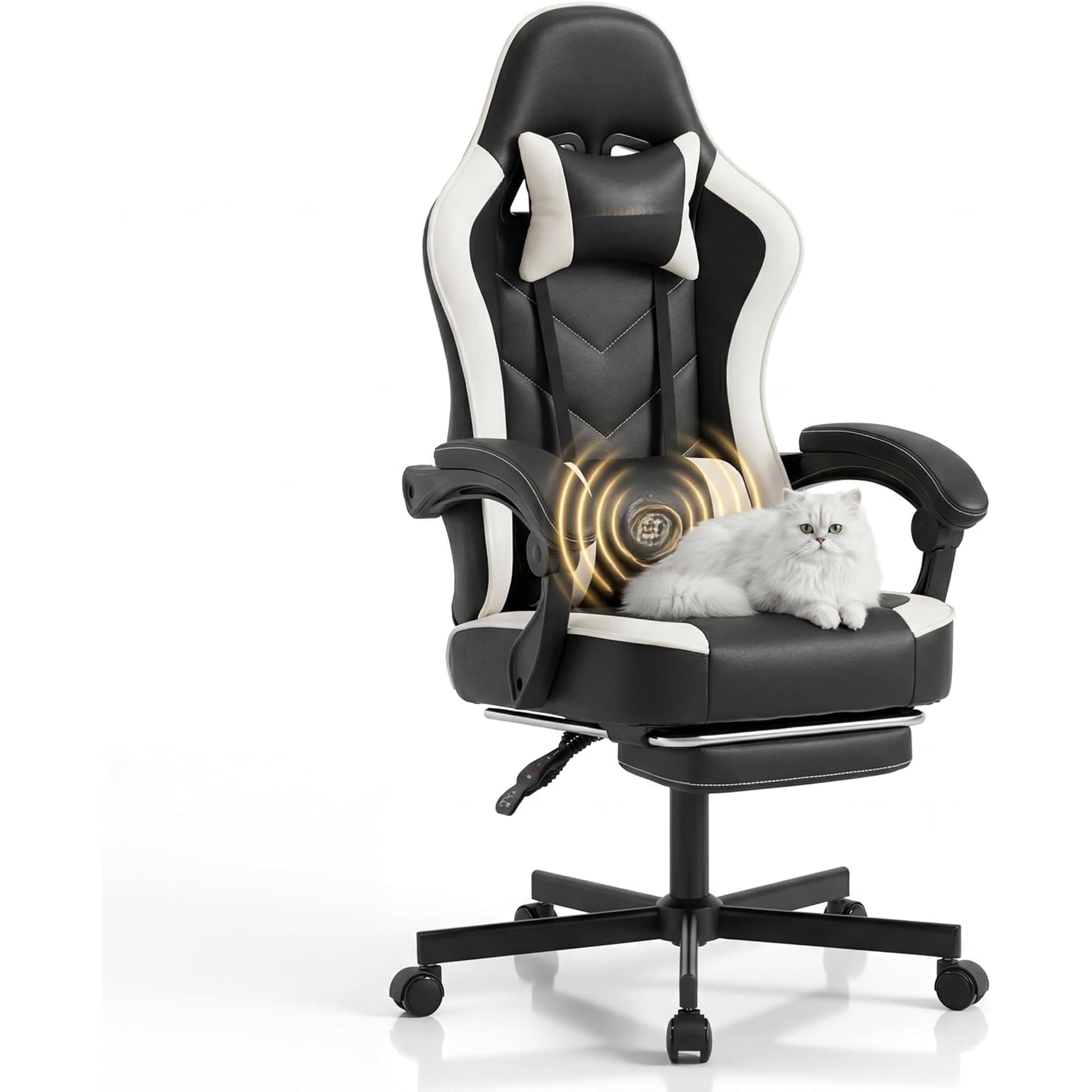 High Back Gaming Chair with Footrest and Lumbar Support, Ergonomic Swivel Computer Office Chair with Pocket Spring Cushion, Comfortable Gamer Chair for Adults, White Leather