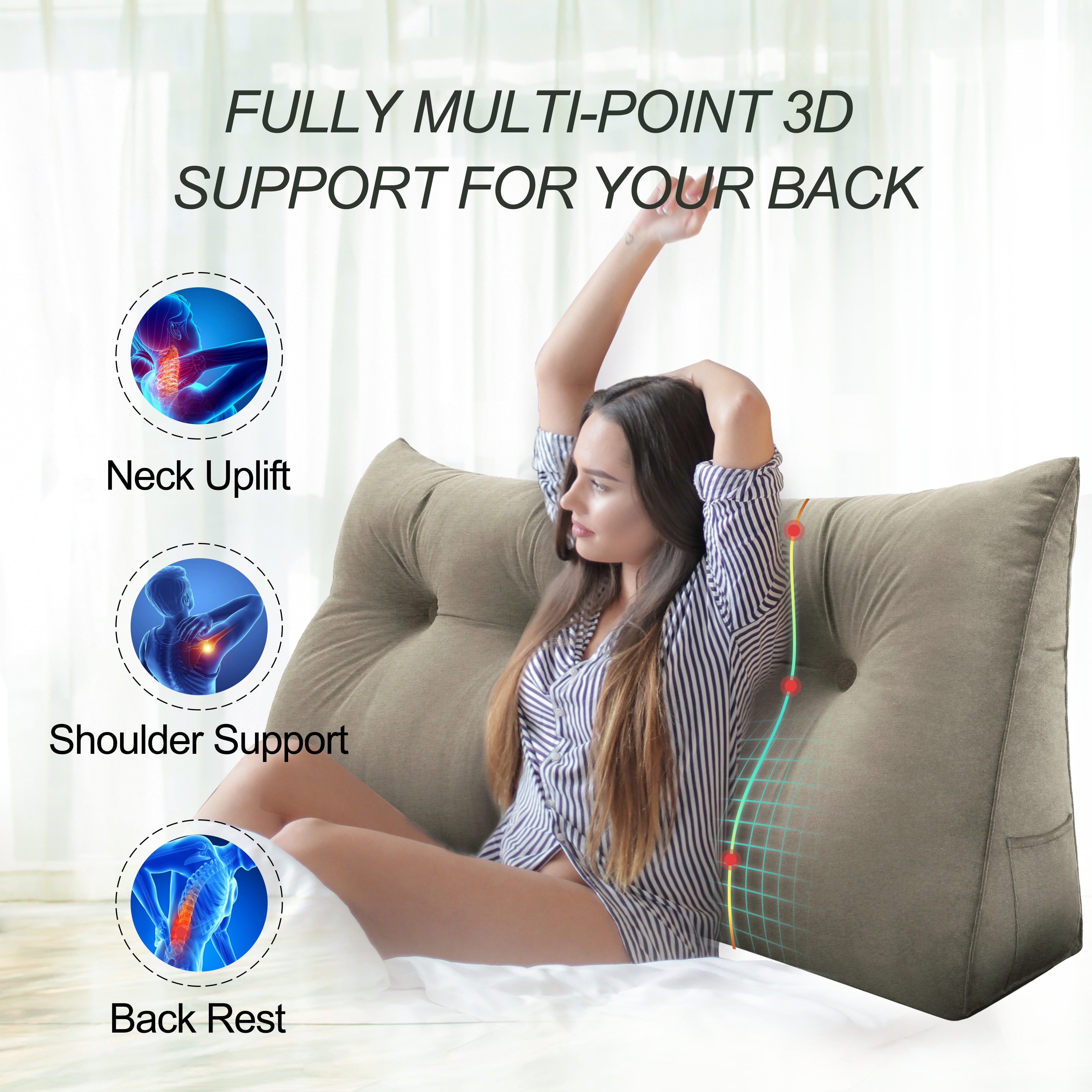 WOWMAX Large Bolster Triangular Reading Backrest Positioning Support Wedge Pillow Headboard for Day Bed Bunk Bed RV/Trailer with Removable Cover Full Velveteen Light Tan