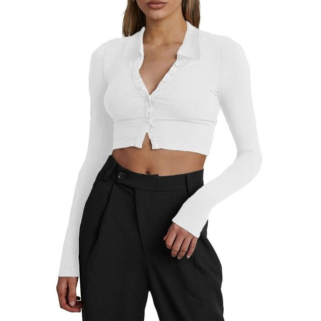Diconna Women Crop Ribbed Tops Solid Color Long Sleeve Basic Shirt Casual Button Cardigan for Club Streetwear