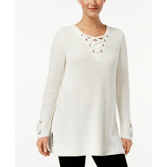 Style & Co Lace Up Tunic Sweater Winter White L