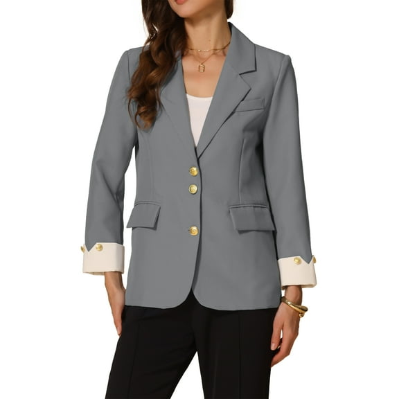 INSPIRE CHIC Women's Work Office Blazer Notched Lapel Long Sleeve Jacket Suit Blazer XS Grey