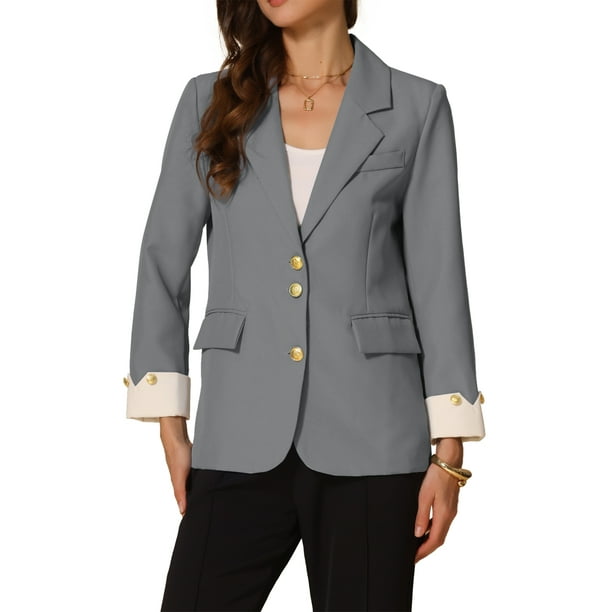 BLAZER DE OFICINA CHIC PARA MUJERES INSPIRE CON SOLAPA Y MANGAS LARGAS, TRAJE BLAZER TAMAÑO L GRIS