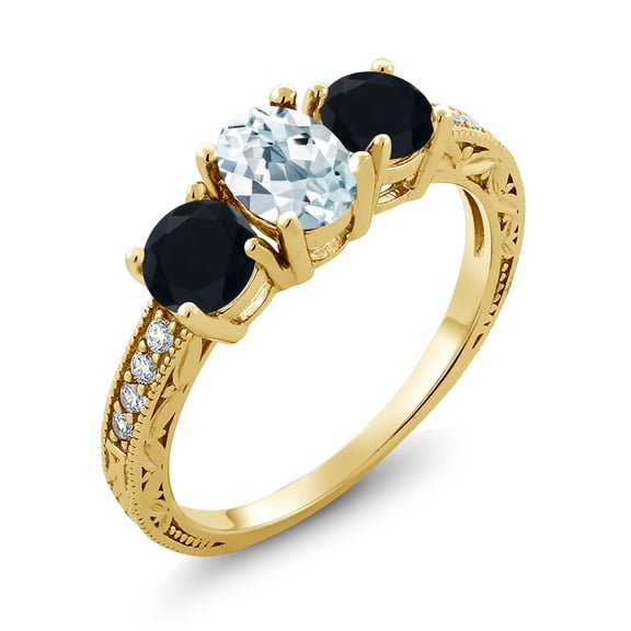 Gem Stone King 1.82 Ct Oval Sky Blue Aquamarine Black Onyx 18K Yellow Gold Plated Silver Moissanite Ring (Size 9)