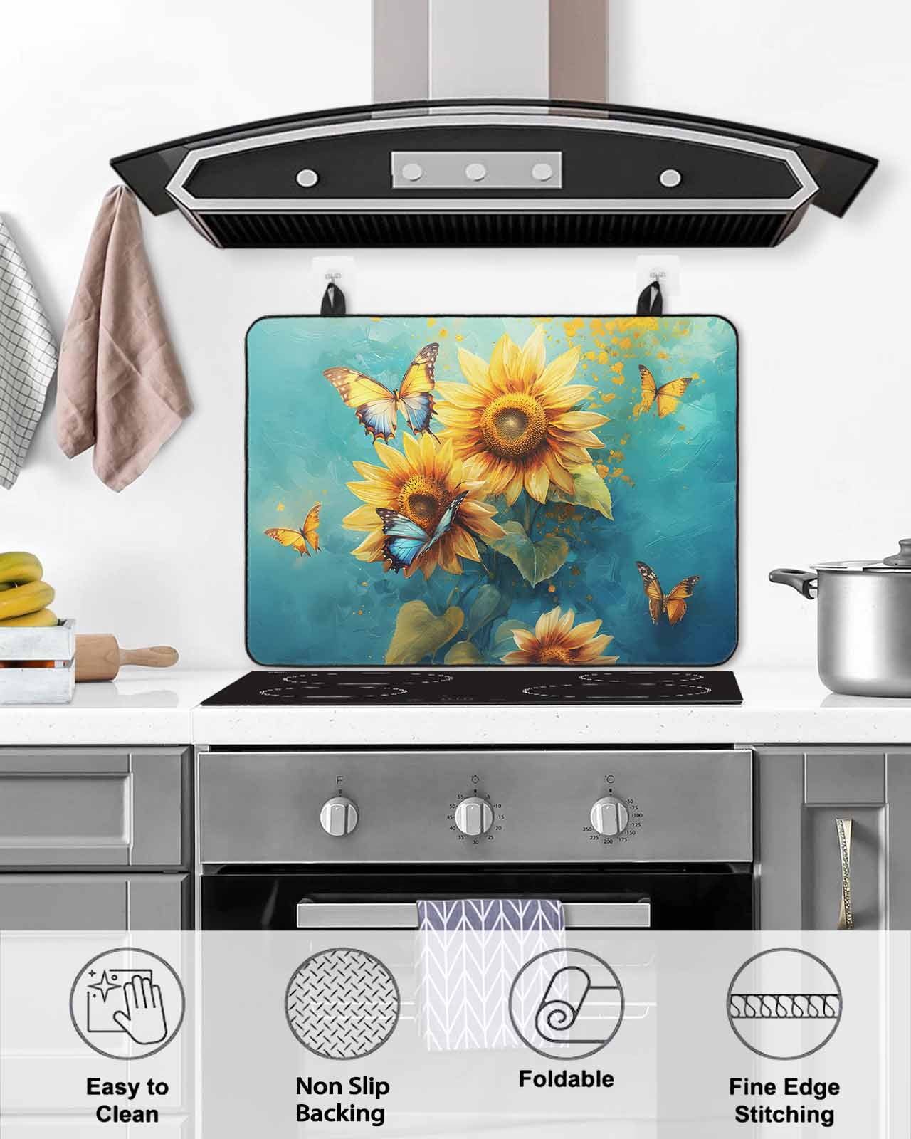 nqOlkjepod Large Induction Cooktop Protector Mat 24"x21", Yellow Sunflower Stove Top Covers for Electric Stove, Spring Butterfly Teal Abstract Vintage Stove Burner Cover Mats, Glass Top Stove Cover