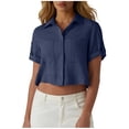 thumbnail image 3 of Craaazy Women Casual Tops Cropped Fit Solid Color Turn Down Collared Button Down Patch Pocket Short Sleeve Cotton Linen Blouses for Summer Daily Wear Gift, 3 of 7