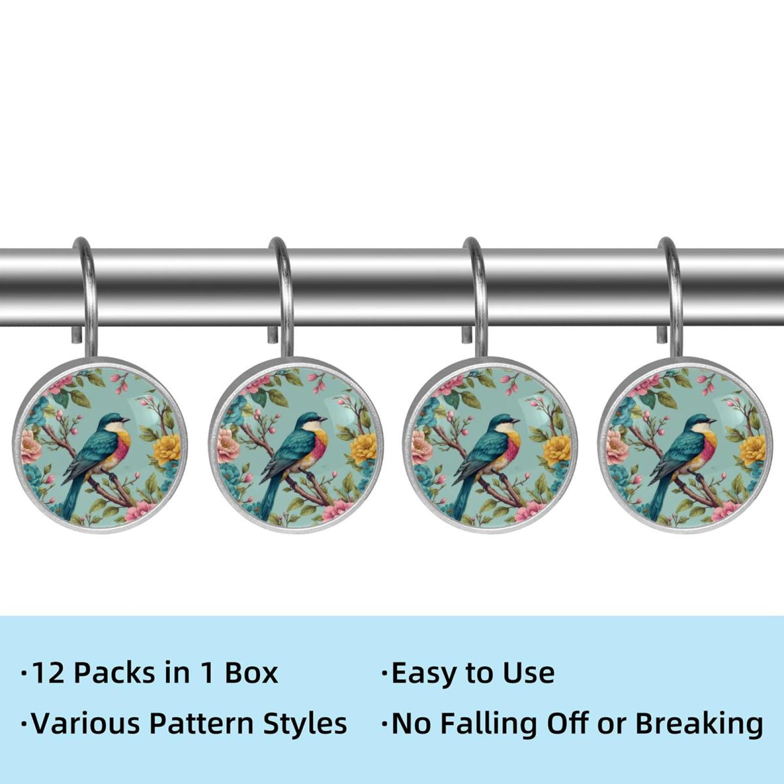 Imobaby 12 Pcs Metal Shower Curtain Hooks Rust Proof for Shower Curtain Liner - Colorful Flower Clusters Magpies