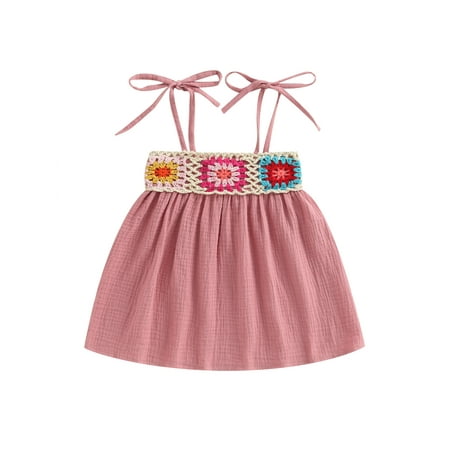 

Toddler Baby Girls Dress Crochet Embroidery Sleeveless Tie-Up Spaghetti Strap Cami Dress Summer Dress