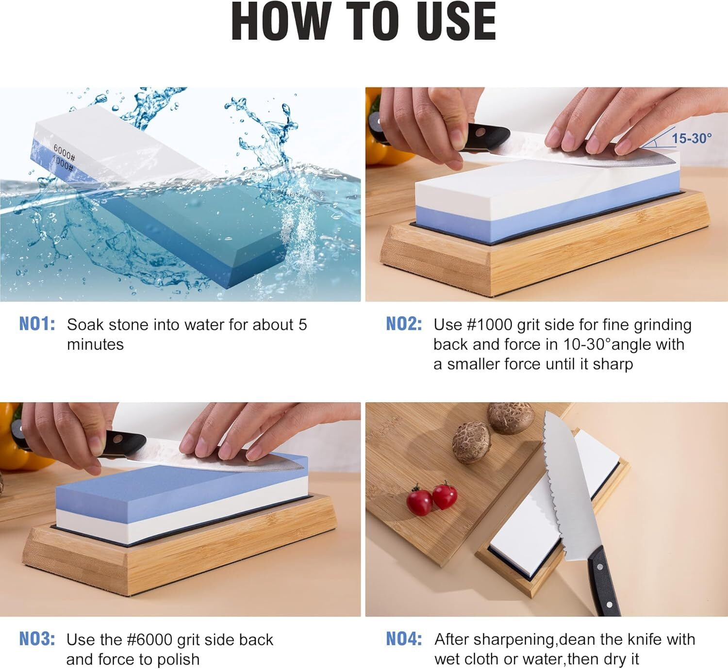 SATC 4Pcs 7.1" x 2.4" x 1.18" Sharpening Stone Whetstone Set 1000 and 6000 Grit Double Sided Water Stone With Holder for Grinding