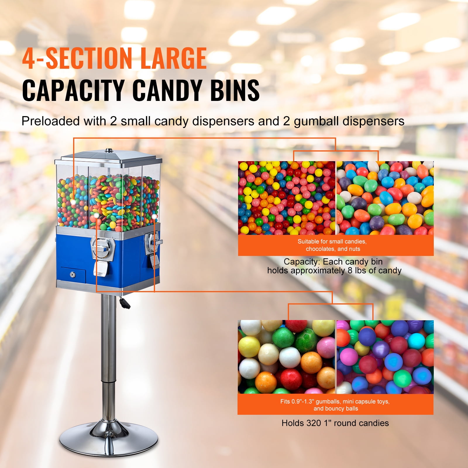KFFKFF Industrial Candy Machine, Quad Section Swivel Sweet and Gumball Vendor, Modifiable Elevation Coin-Driven Candy Repository with Metal Base