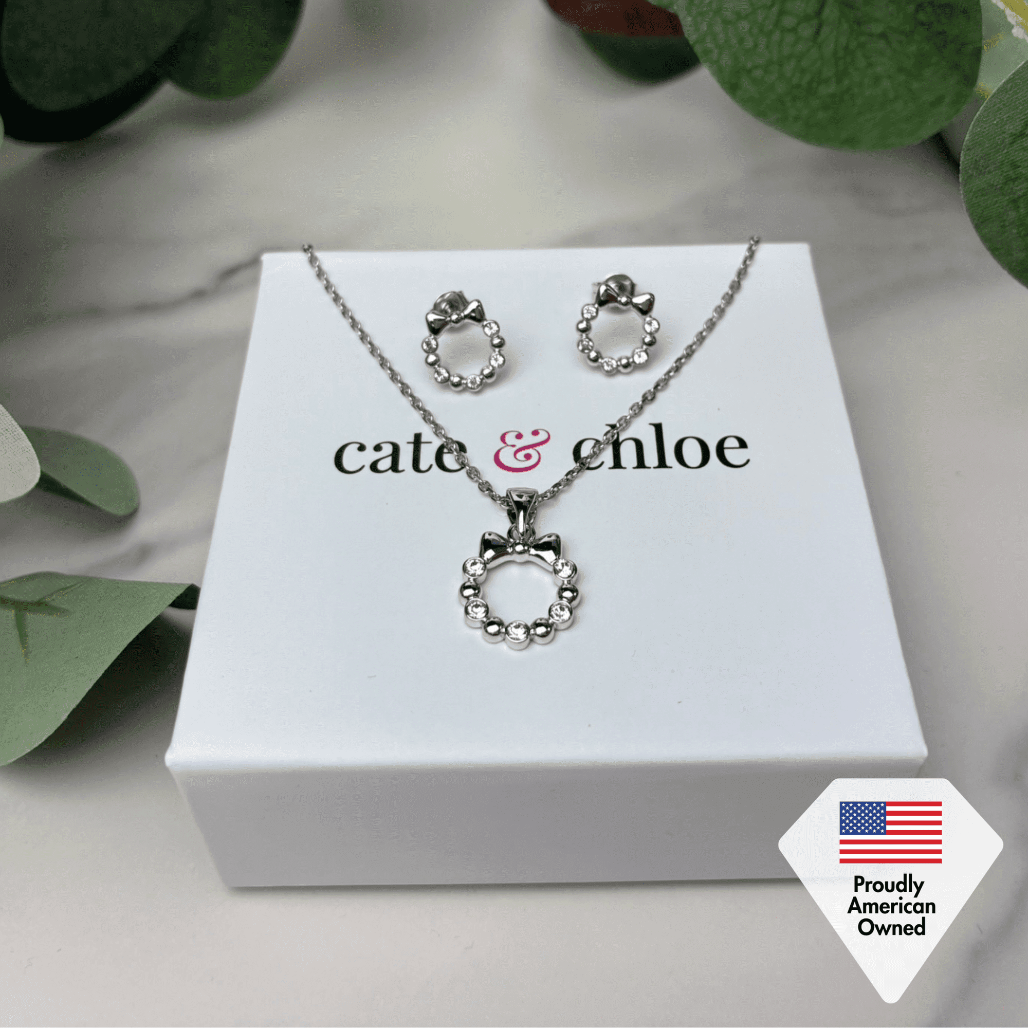 Cate & Chloe Edith 18k White Gold Plated Silver Ribbon Jewelry Set with Swarovski Crystals for Women