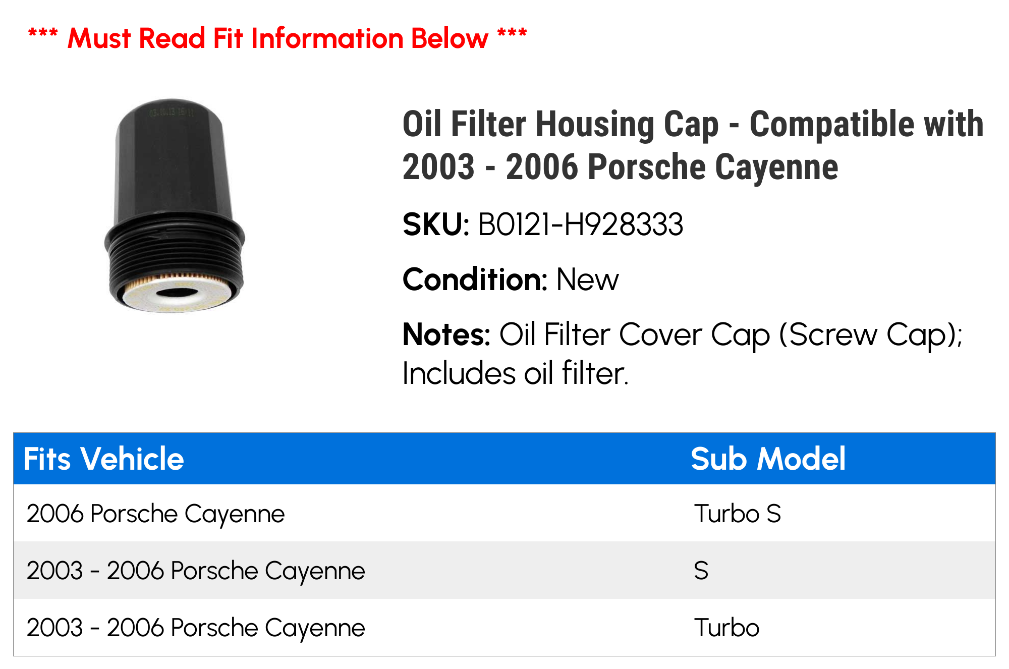 Oil Filter Housing Cap - Compatible with 2003 - 2006 Porsche Cayenne 2004 2005