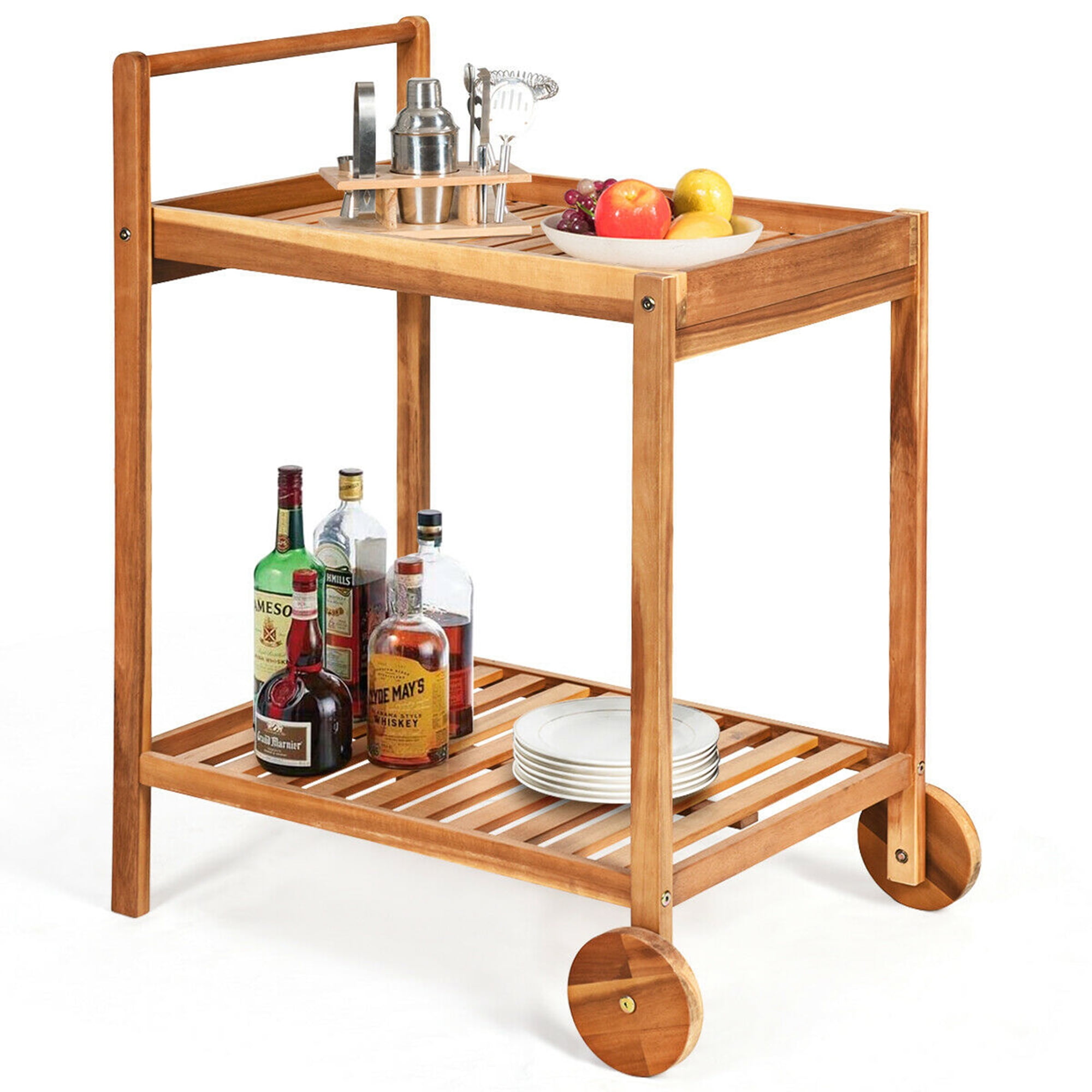 Gymax 2Tier Acacia Rolling Kitchen Trolley Cart Dining Serving Cart