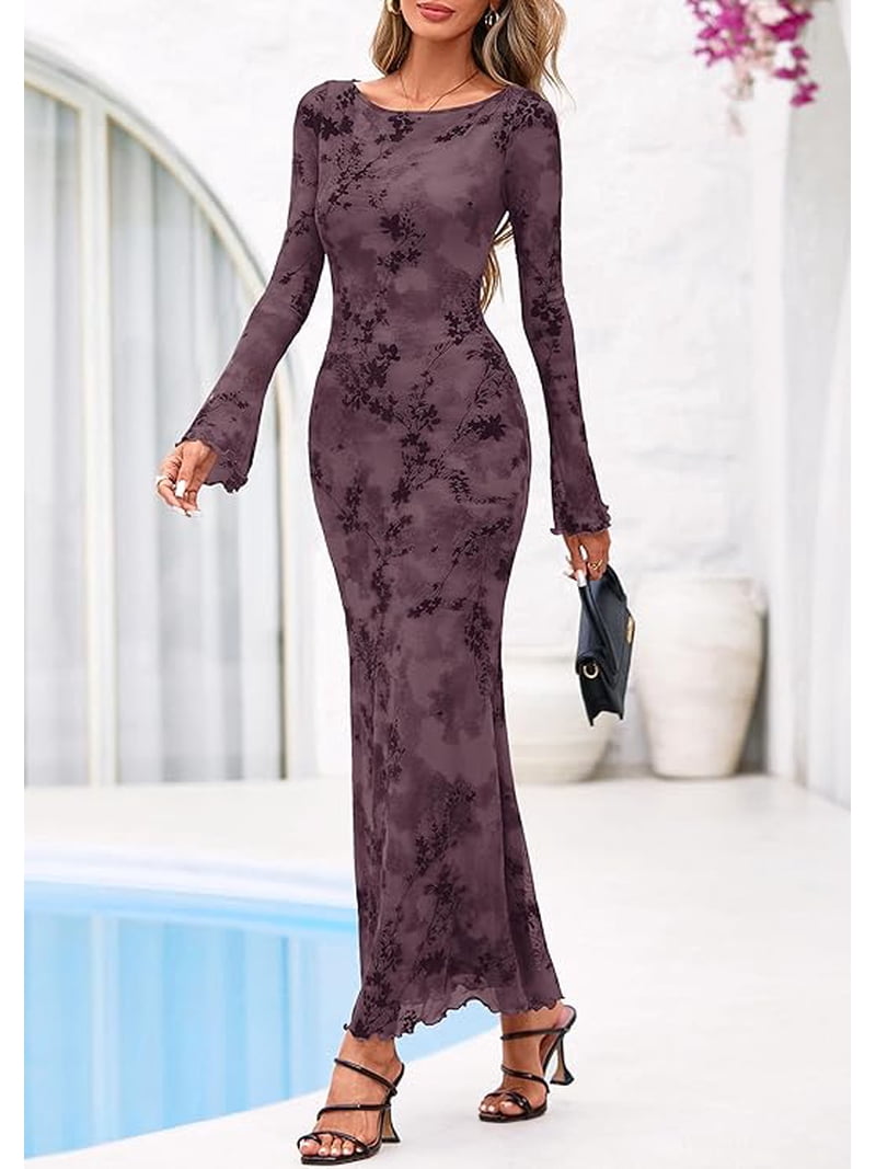spring cocktail dress long sleeve Ronhire Spring/Summer Women's Elegant Ruched Mesh Fit & Flare Midi Dress, Long Sleeve Party/Cocktail Dress