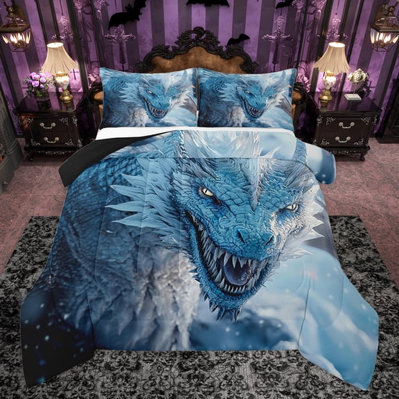 Homewish 3D Blue Dragon Bedding Comforter Set for Teens, Magic Western Animal Twin Comforter Sets, Gothic Wildlife Reversible Bedding Set, Ultra Soft Bedroom Decor, 2 Pieces