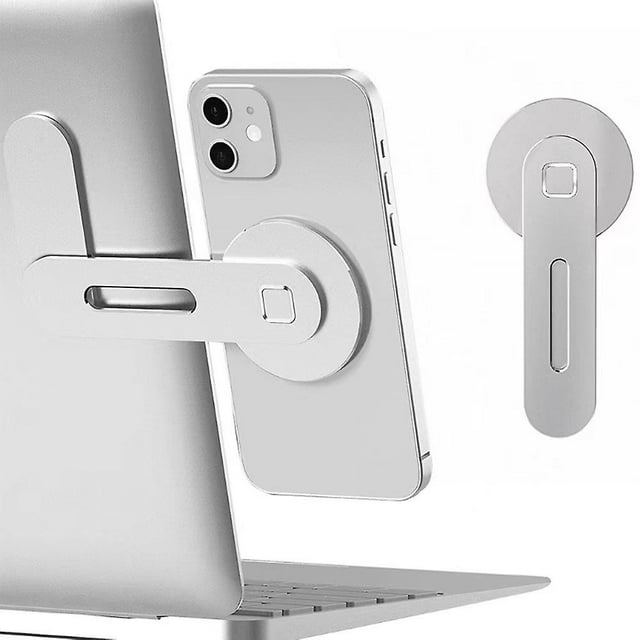 Soporte ajustable para teléfono celular plateado, clip de montaje lateral para computadora portátil