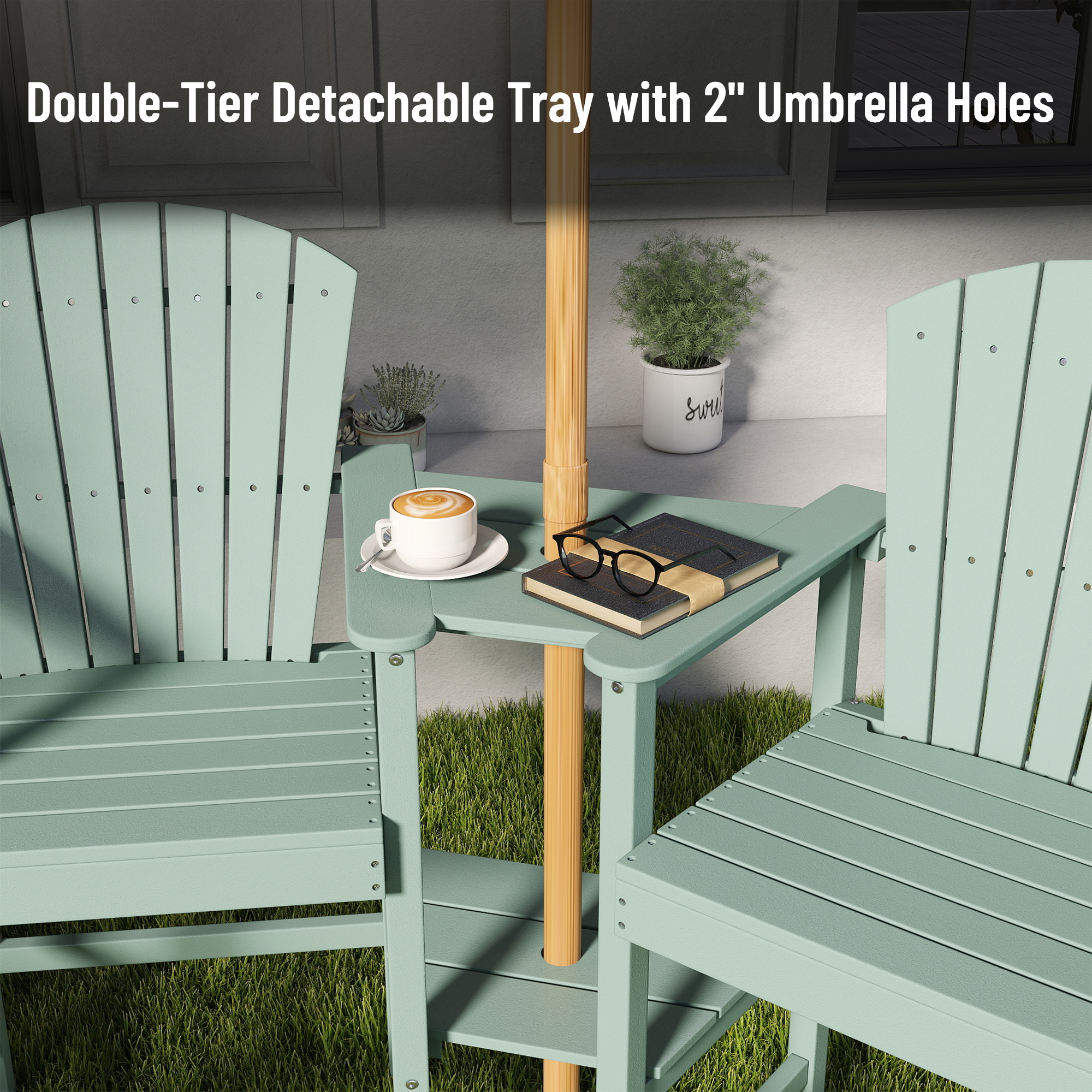 FOOWIN Tall Adirondack Chair Set of 2, HDPE All-Weather Adirondack Bar Stools with Connecting Tray, Aruba Blue