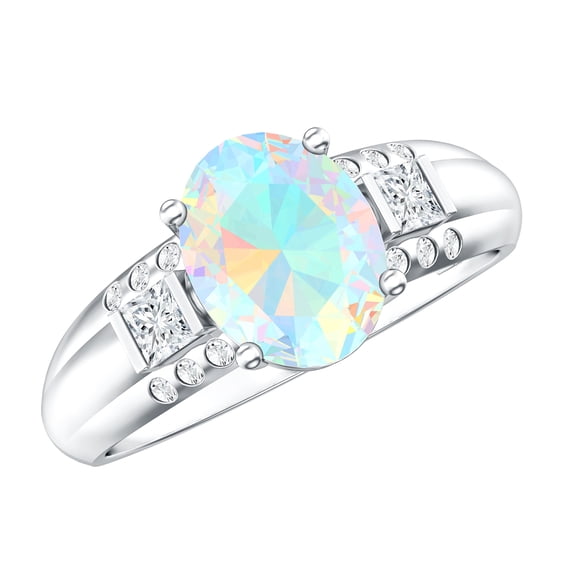 Rosec Jewels Oval Shape Ethiopian Opal Solitaire Ring with Diamond for Women - 8X10 MM, 925 Sterling Silver, US 4.00