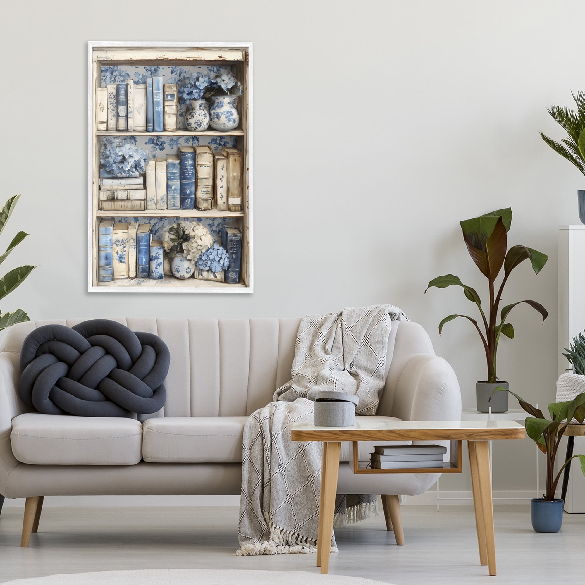 Stupell Industries Blue & Beige Bookcase White Framed Giclee Art, design by LSR Design Studio