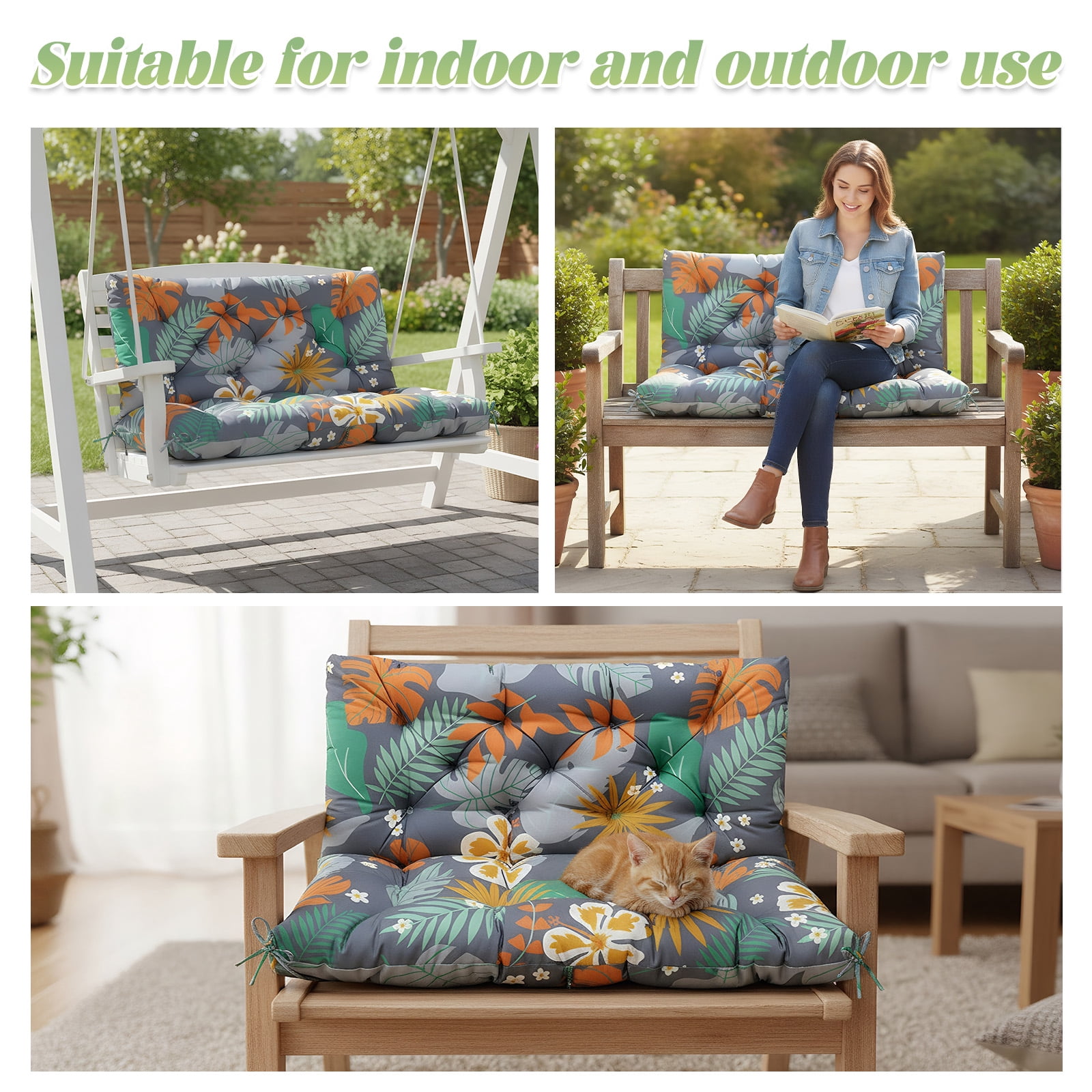 Eurhowing Outdoor Bench Cushion Waterproof, 40"x40"x4" Thick Patio Swing Chair Cushions with Ties, All-Weather High Density Foam Seat Pad for Porch Garden Furniture, Floral
