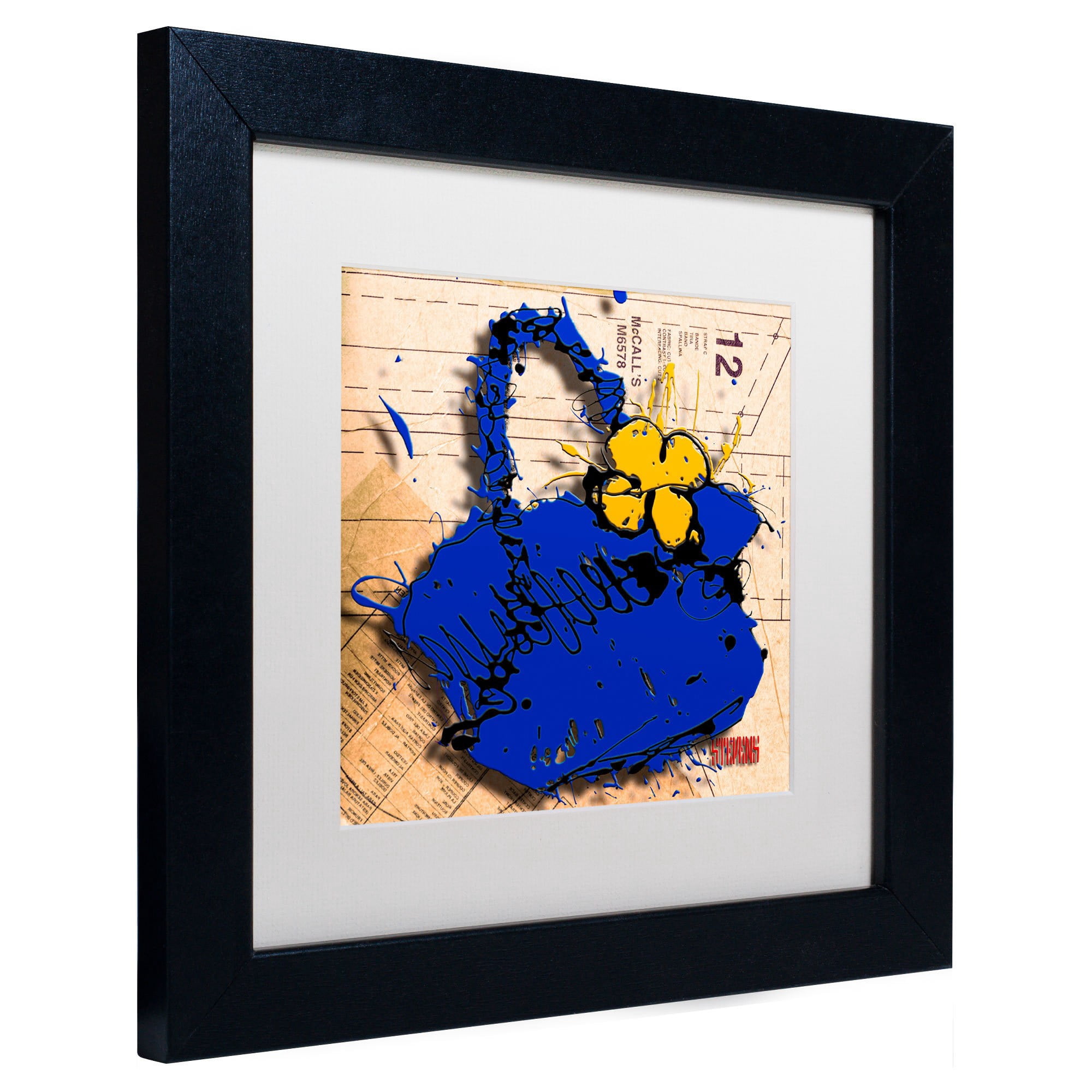 Trademark Fine Art "Flower Purse Yellow on Blue" Canvas Art by Roderick Stevens, White Matte, Black Frame