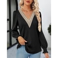thumbnail image 3 of Blusa informal de manga larga con escote en V y encaje para mujer, 3 of 6