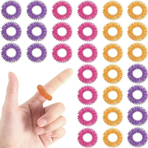 30 Pieces Acupressure Rings, Spiky Sensory Finger Rings Set for Teens, Adults, Silent Stress Reducer and Massager (Pink, Orange, Purple)