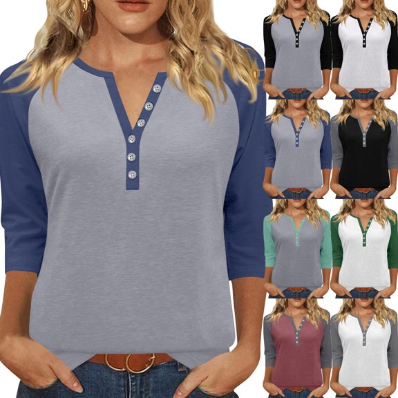 Womens 3/4 Sleeve Henley Shirts Summer Button Down Tops Casual T Shirts Basic Trendy Clothes White 2XL