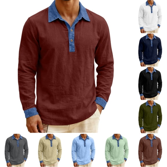 CLOISE Denim Patchwork Shirt for Men Long Sleeve Pullover Tops Cotton Linen Button Collared Blouses Casual Vacation Clothes