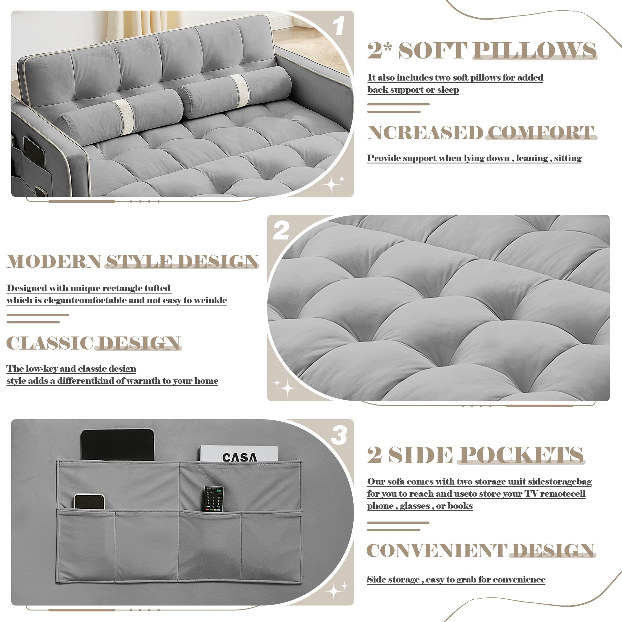 Muumblus 55" Pull Out Sofa Bed - Tufted Velvet Convertible Loveseat Sleeper Sofa Couch for Living Room, Gray