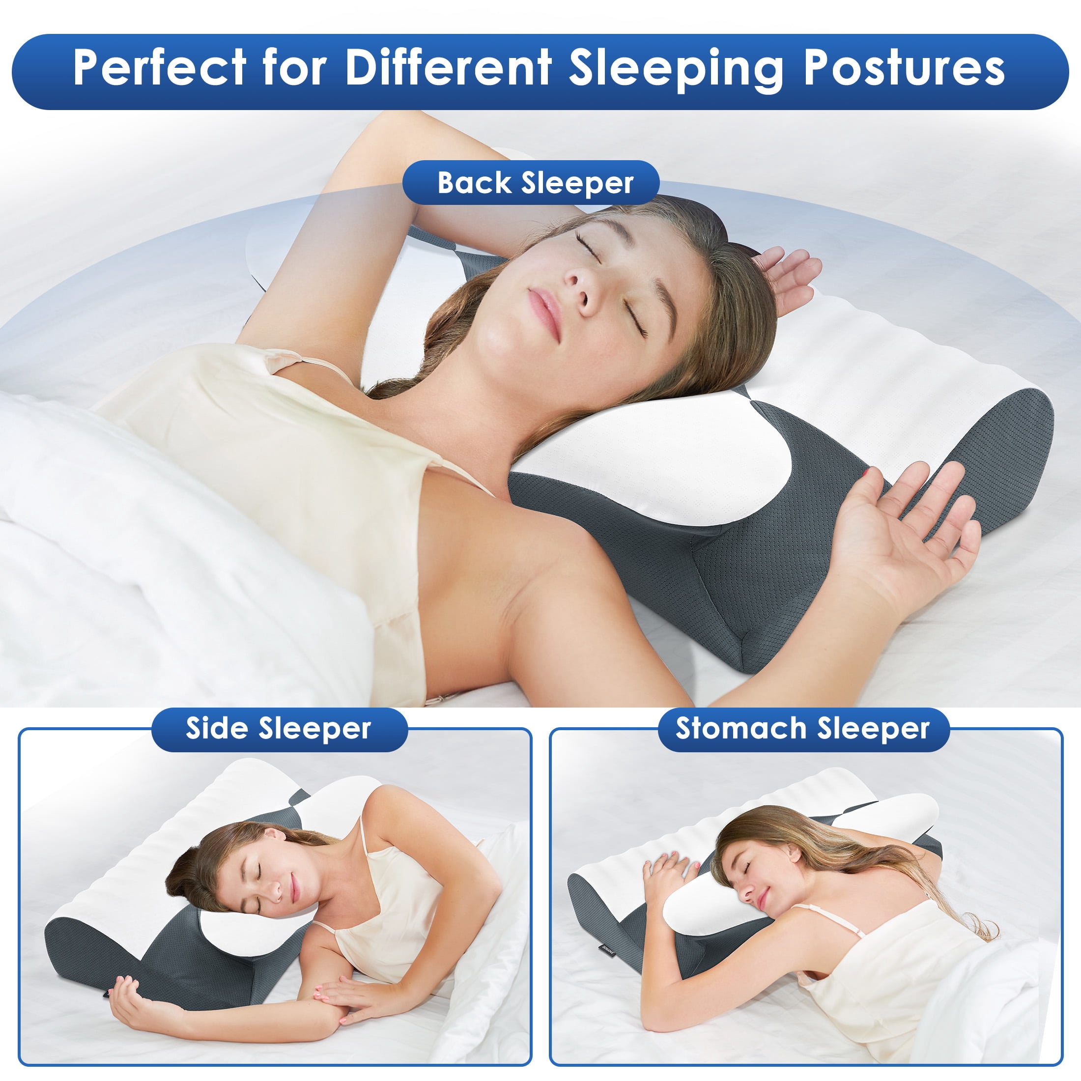 Ergonomic Cervical Memory Foam Pillow for Neck Pain Relief, Orthopedic Contour Pillow with Breathable Cover, for Side, Back, and Stomach Sleepers, Queen Size 23.6"x14.2"x4.7", Dark Grey