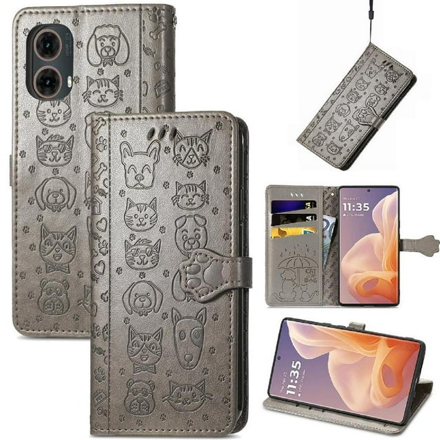 Funda Cartera FOXDOCK para Motorola Moto G85 , Flip PU con Relieve de Gatos y Perros, Tarjetero y Soporte