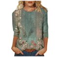 thumbnail image 1 of T-Shirt pour Femmes Hauts Habillés Manches 3/4 Col Rond T-Shirts Imprimé Floral Blouses Amples Chemises Femmes Vert Armée TTG, 1 of 4
