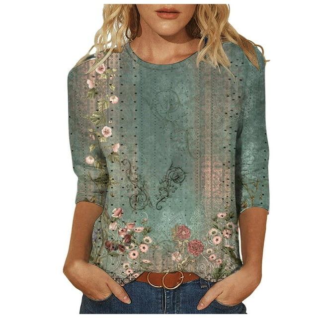 T-Shirt pour Femmes Hauts Habillés Manches 3/4 Col Rond T-Shirts Imprimé Floral Blouses Amples Chemises Femmes Vert Armée TTG