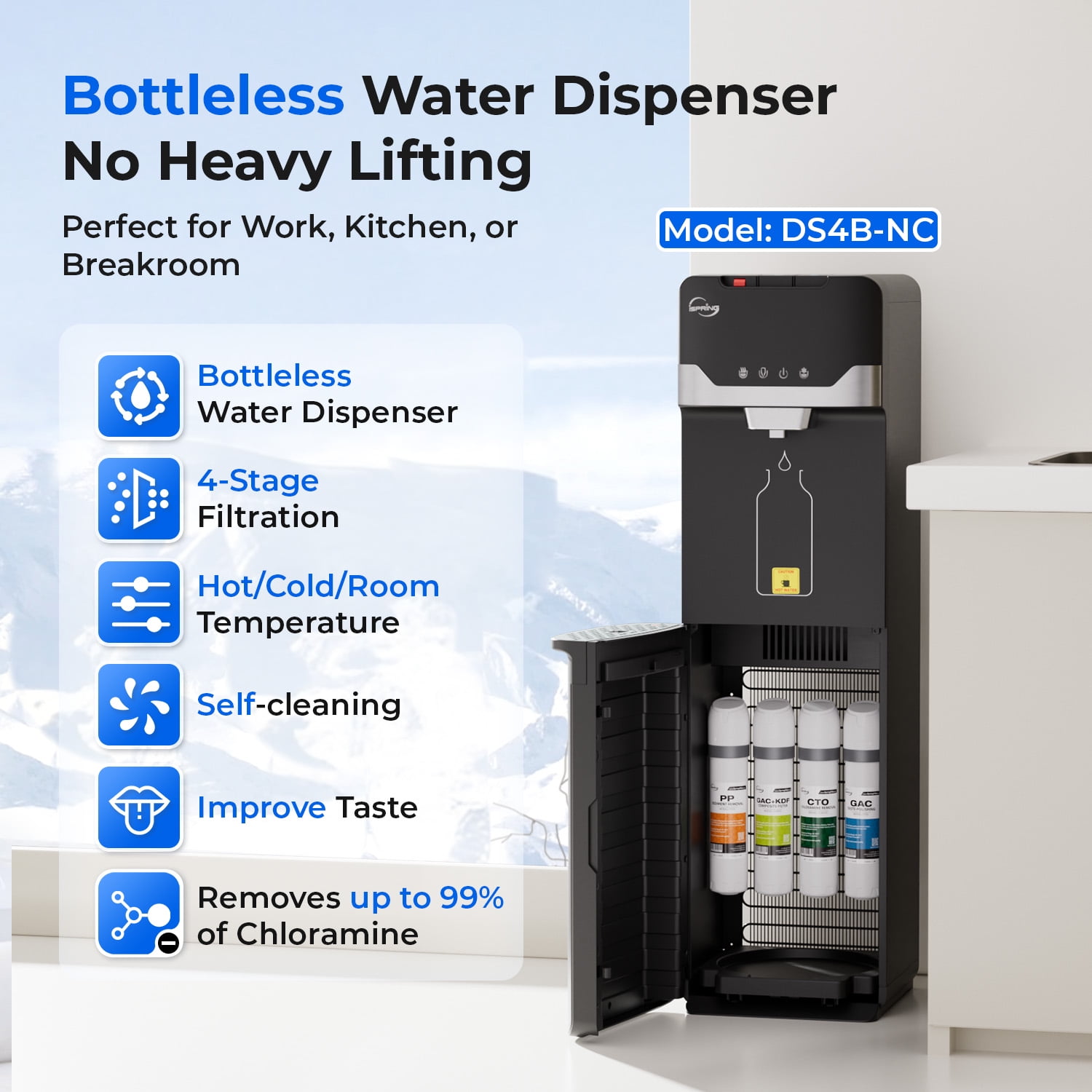 iSpring Bottleless Water Dispenser with Built-in 4-Stage Filtration, Chloramine Removal, Water Cooler Dispenser - Hot, Cold, Room Temp, Self Cleaning, Black，Model: DS4B-NC