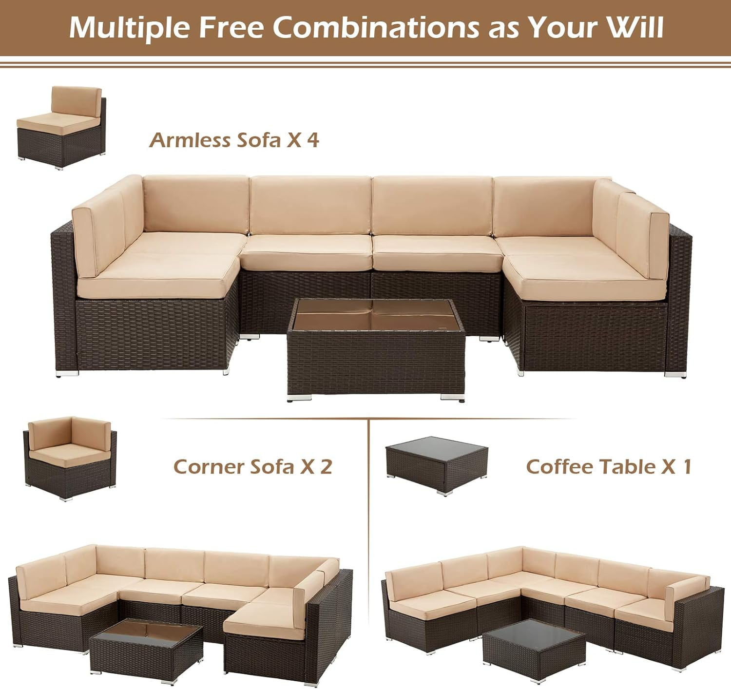 Danrelax 7-Piece Outdoor Sectional Sofa Patio Conversation Set, PE Rattan Wicker Furniture, Steel Frame, Beige Cushion/ Brown Rattan