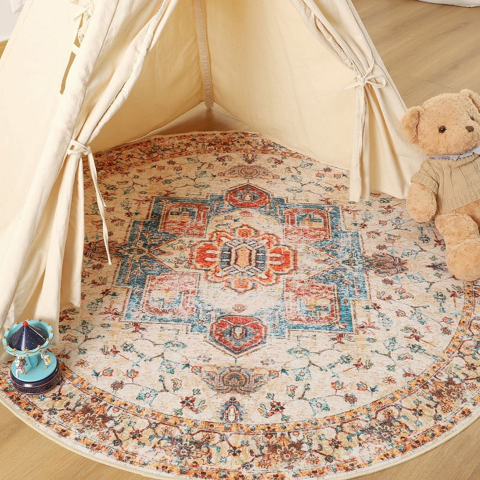 YJ.GWL Round Rugs Soft Vintage Circle Area Rug Low-Pile Floor Carpet for Living Room Bedroom Nursery Bathroom Kitchen Indoor,4Ft,Orange