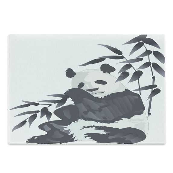 Panda Cutting Board, Giant Panda Bear Sitting in Zoo Traditional Chinese Painting Monochrome Picture, Decorative Tempered Glass Cutting and Serving Board, Large Size, Cadet Blue White, by Ambesonne