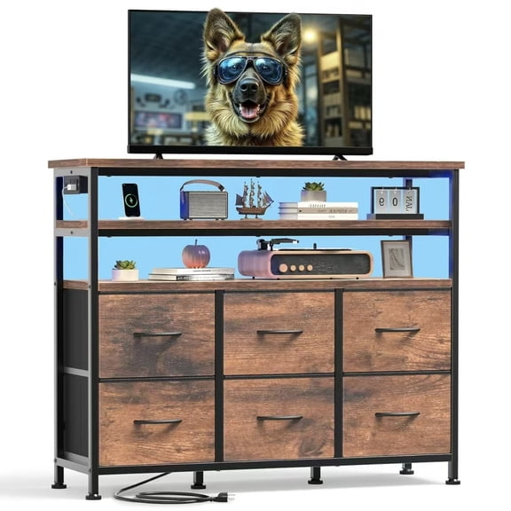 TV Stand with Charging Station & LED Lights for up to 45" TV, Wood Top Media Console with 6 Fabric Drawers & 2 Shelves, Entertainment Center for Living Room, Hallway