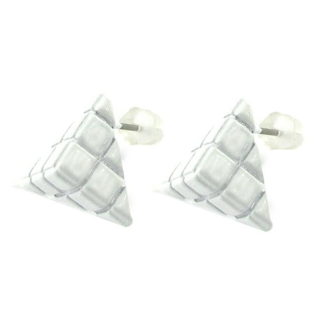 - Lady Pair Triangle Shaped Pendant Pierced Stud Earrings White Silver Tone