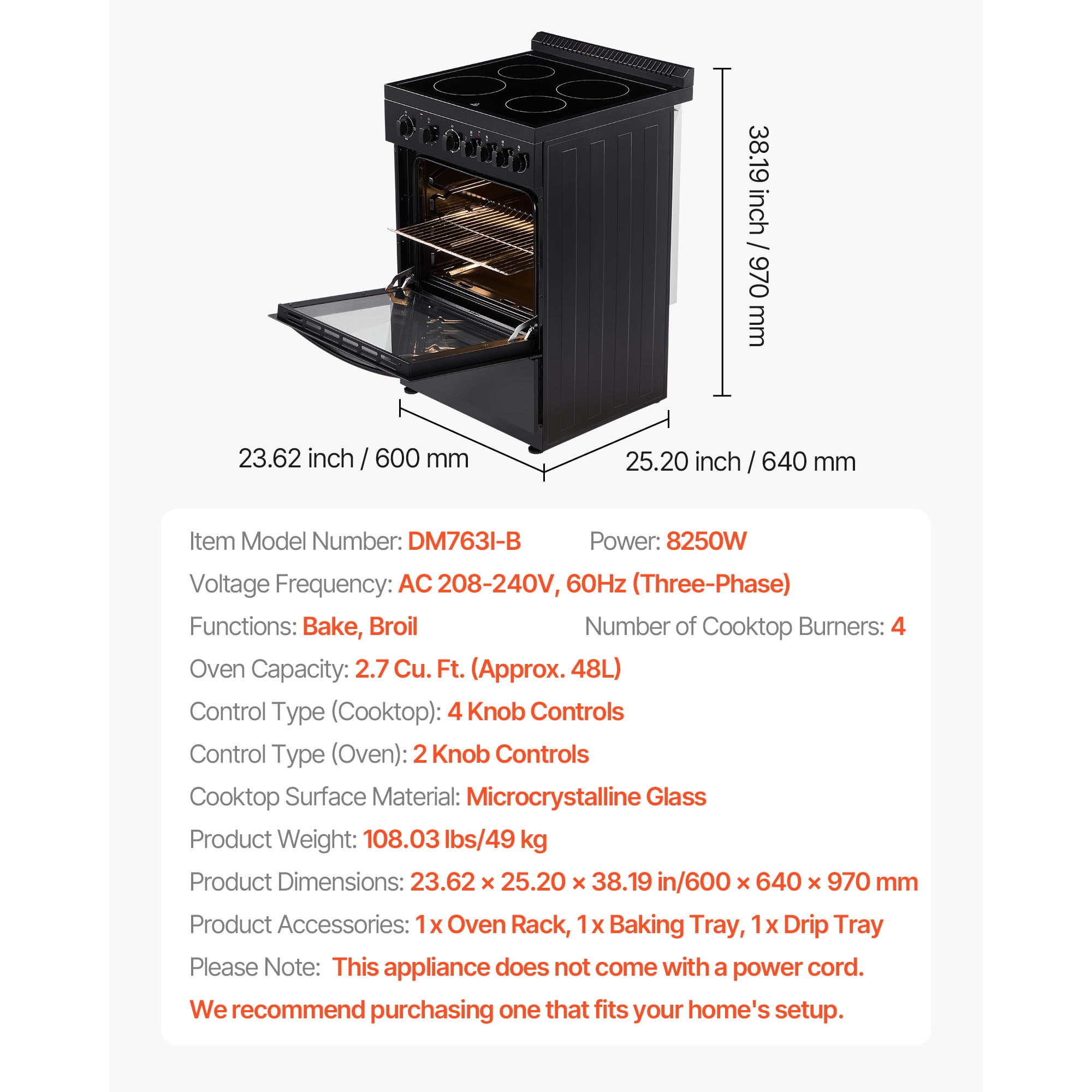 KFFKFF 24-inch Electric Range Oven, 2.7 Cu. Ft. Compact Freestanding Design, Stainless Steel Finish, Features 4 Burners, Adjustable Racks, Storage Drawer, Black (No power cord)