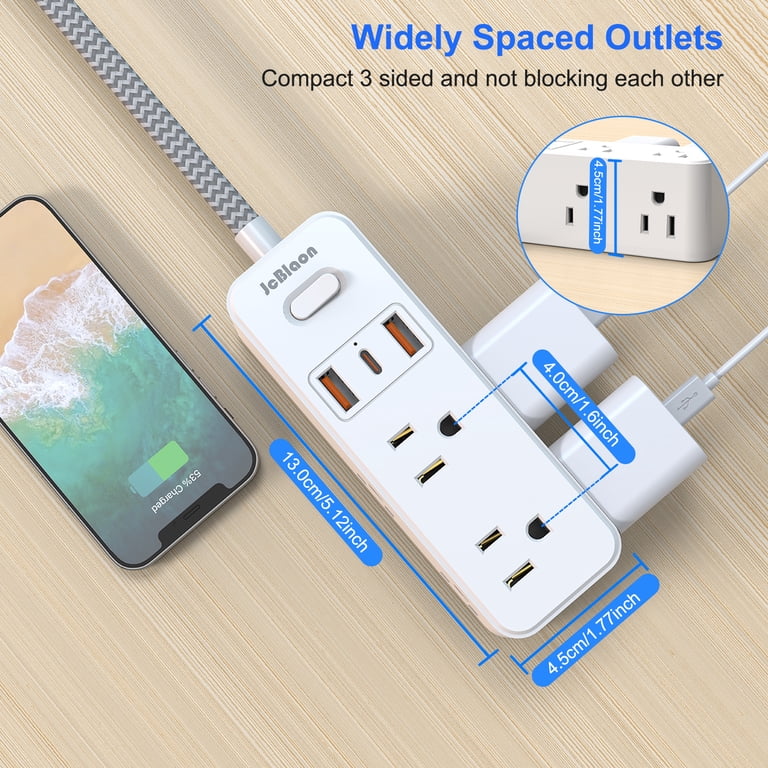 9-in-1 Power Strip With 6 Outlets & 3 USB Ports (17W USB-C) - Surge Protector, 5ft Braided Cord, Wall Mountable For Home Office