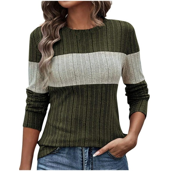 XFLWAM Women's Fall Winter Sweaters Long Sleeve Slim Fit Pullover Jumper Ribbed Knit Crewneck Tops Color Block Tunics Army Green XXL