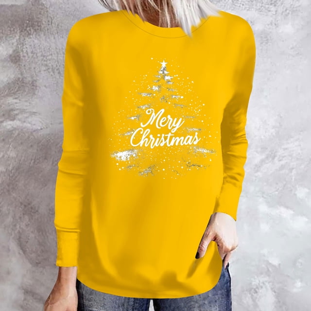 RKSTN Blouses pour Femmes Mode Décontractée Imprimé de Noël Col Rond Manches Longues Amples Blouses pour Femmes Habillées Décontractées