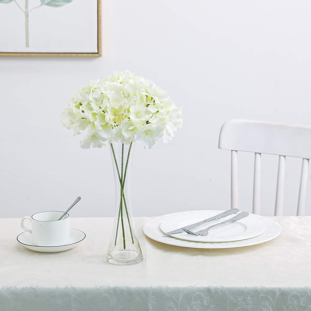 Fake White Hydrangea Artificial Flowers - Faux Silk Hydrangeas Flowers Heads with Stems Real Touch for Home Wedding Party Table Decor(CreamWhite,Pack of )