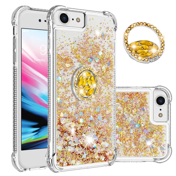 Funda para iPhone SE 2022/2020 con Brillo Líquido Flotante, Purpurina, Parachoques y Anillo Giratorio Soporte